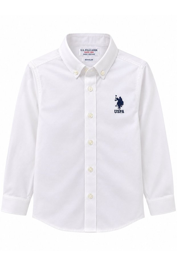 Logo Embroidered Boys' Long Sleeve Oxford Shirt 3-14 Years White