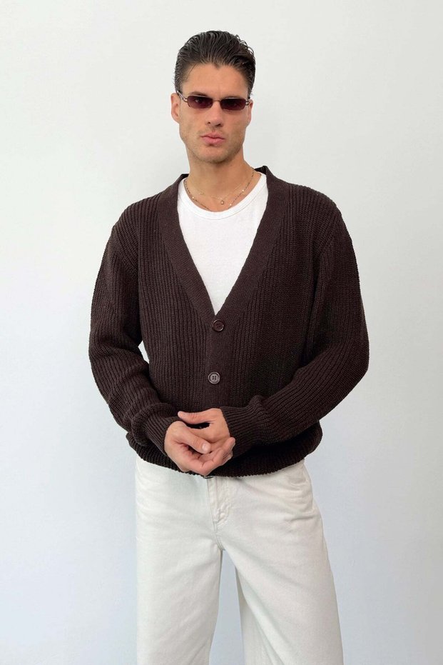 Men's V-Neck Buttoned Knitwear Cardigan Brown - 26505