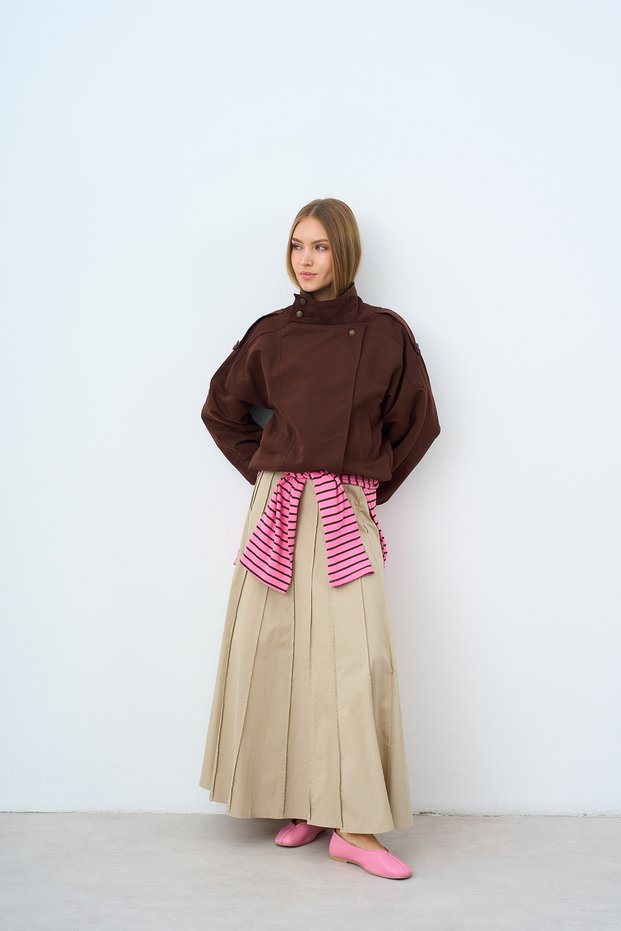 Women's Lapel Button Detail Lined Jacket with Hidden Zipper and Epaulet Detail Brown