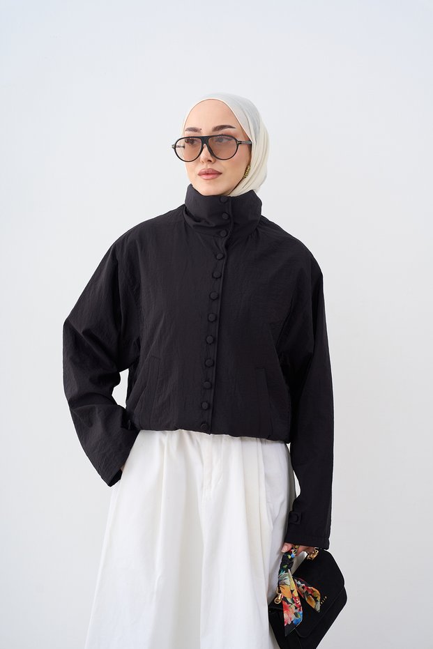 Women's Collar Button Detail Adjustable Waist Lined Parachute Jacket Black