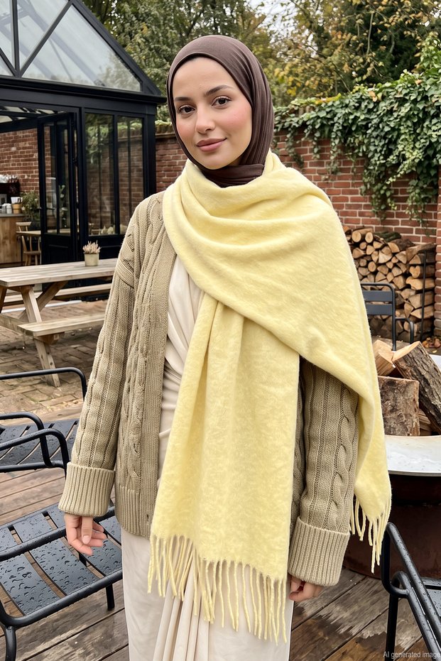 Women's Soft Textured Tassel Detail 200X70Cm Scarf Shoulder Shawl 1333 Yellow