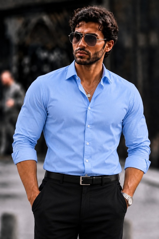 Men's Casual Collared Blue Shirt with Buttons on Sleeves