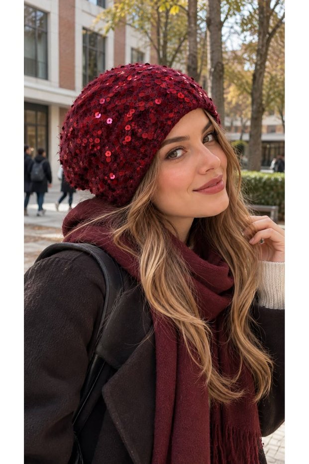 Burgundy Sequin Embroidered Women's Beret