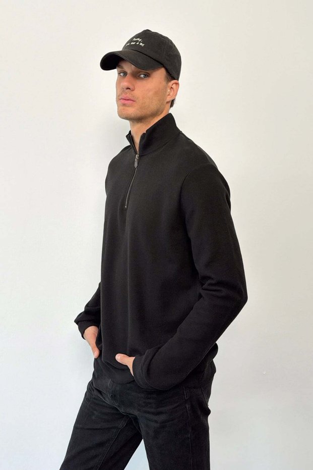 Men's Stand Collar Half Zipper Thessaloniki Sweatshirt Black - 6105