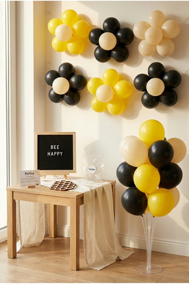 Honey Bee Themed Birthday Decoration Deluxe Set Black Felt Letter Board Stand Balloon Chain 7 Transparent Balloons with Stand 1 Year Old Set