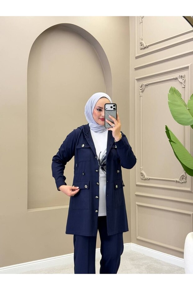 Women's 3-Piece Double Crepe Hijab Suit N-05565 _ Navy Blue
