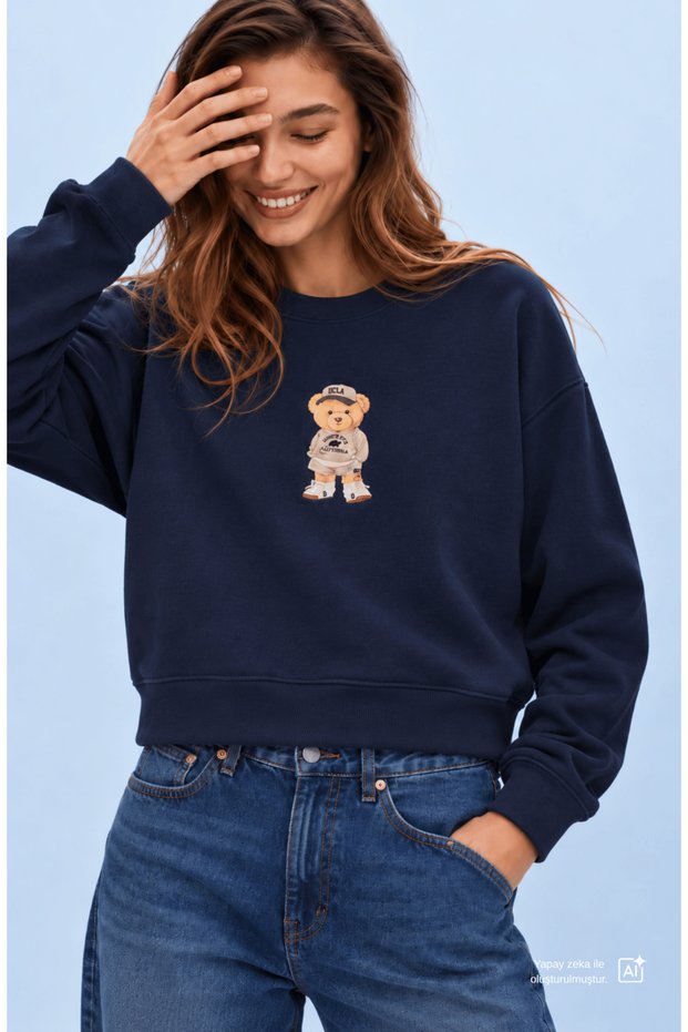 Cardi Navy Blue Printed Cotton Crew Neck Loose Fit Women's Sweatshirt