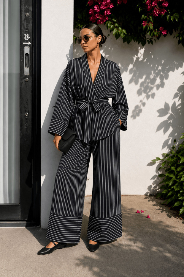 Monaco Pinstripe Pantsuit - Black
