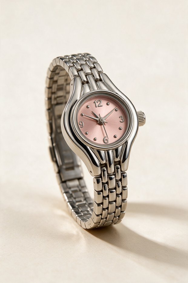 Women's Vintage Mini Silver Color Pink Dial Wristwatch Stylish Retro Design
