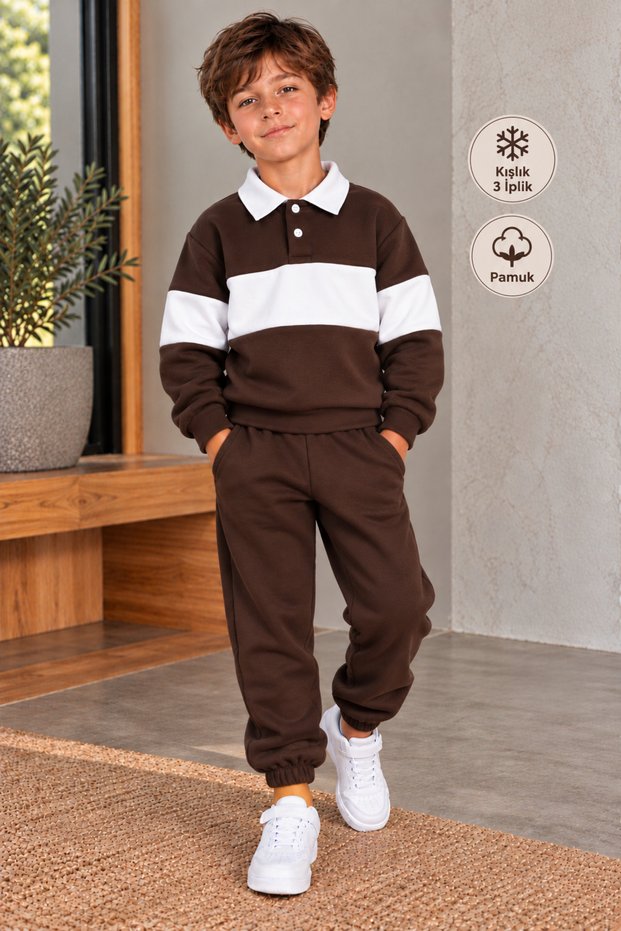 Winter 3 Threaded Yarn Embroidered Pocket Polo Collar Top and Bottom Set (3-10 Years)