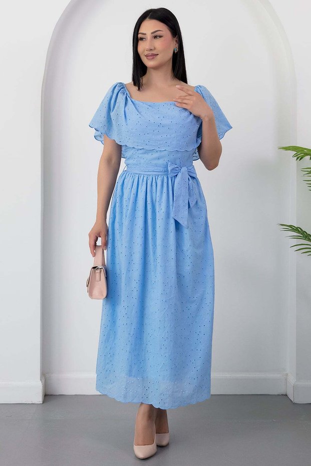 Rochie brodată cu guler tip Madonna și curea 2026-4643