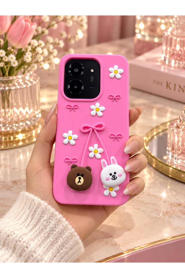 Redmi 15C 4g Compatible - Cute Silicone Phone Case with Embossed 3D Bow & Daisy Pattern - Camera Protected