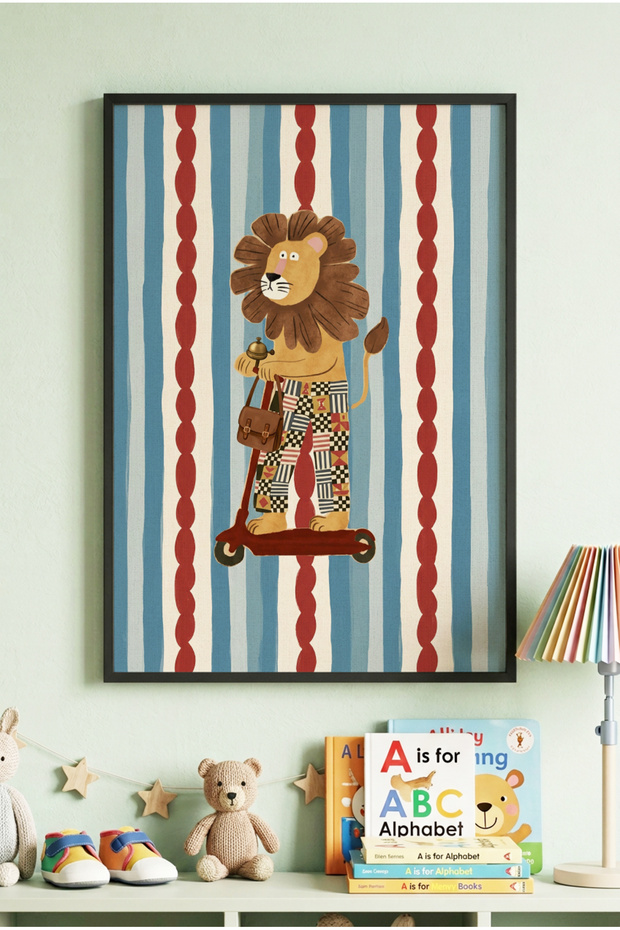 1 Piece Black Wooden Framed Lion Pattern Wooden Painting with Striped Background and Scooter - Children's and Baby Room and Home Decoration Painting