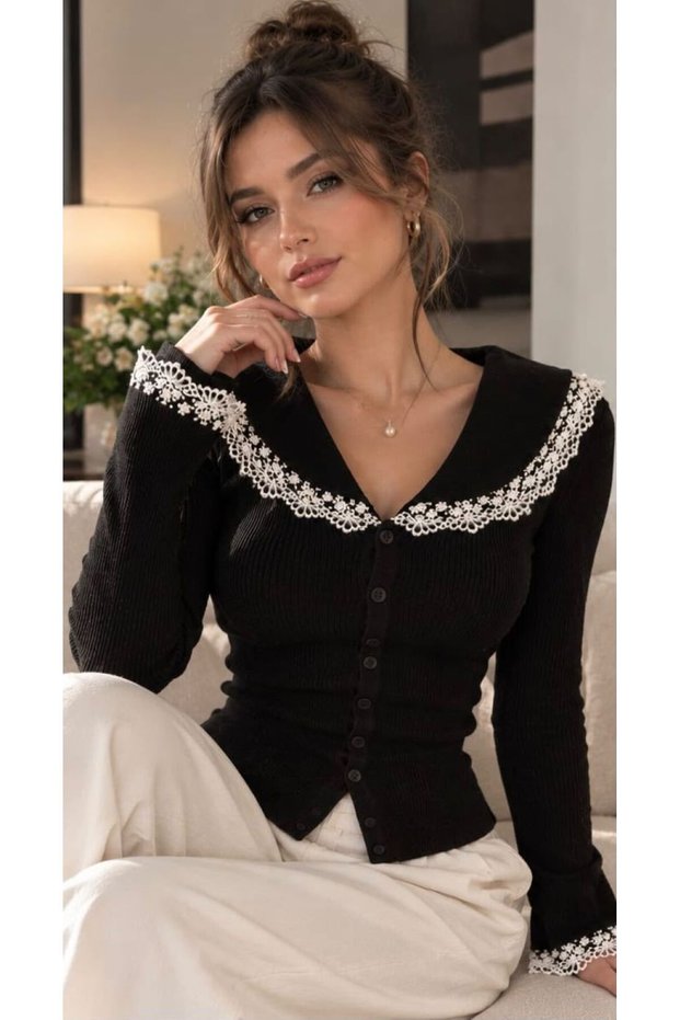 Lace Detailed Baby Collar Buttoned Women's Knitwear Cardigan