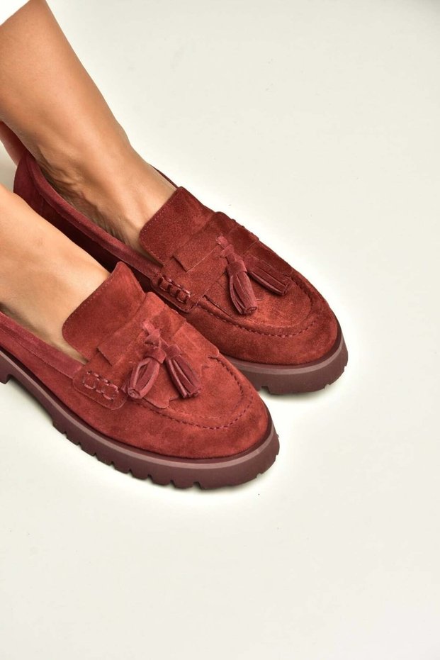 Z944014461 Burgundy Suede Thick Sole Tasseled Loafer Shoes