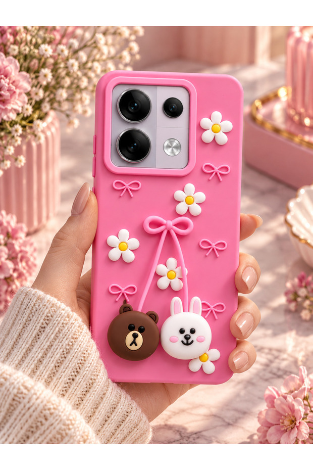 Redmi Note 13 Pro 5g Compatible - Cute Silicone Phone Case with Embossed 3D Bow & Daisy Pattern - Camera Protected