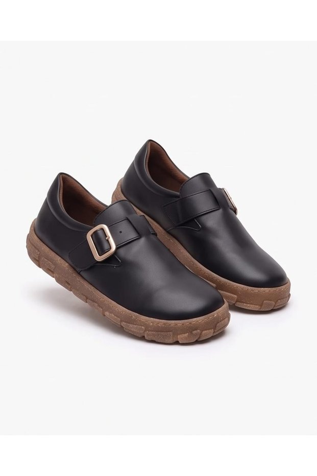 Women's Black Leather Buckle Retro Design Daily Comfortable Flat Orthopedic Shoes