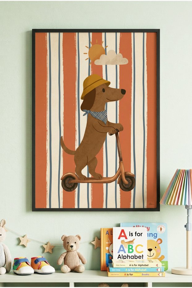 1 Piece Black Wooden Framed Wooden Painting Featuring a Dog and Scooter - Children's and Baby Room and Home Decoration Painting