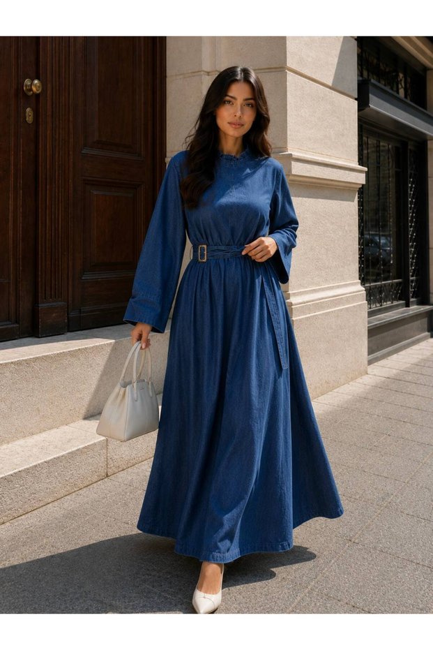 Crew Neck Flounce Sleeve Buckle Belted Denim Dress