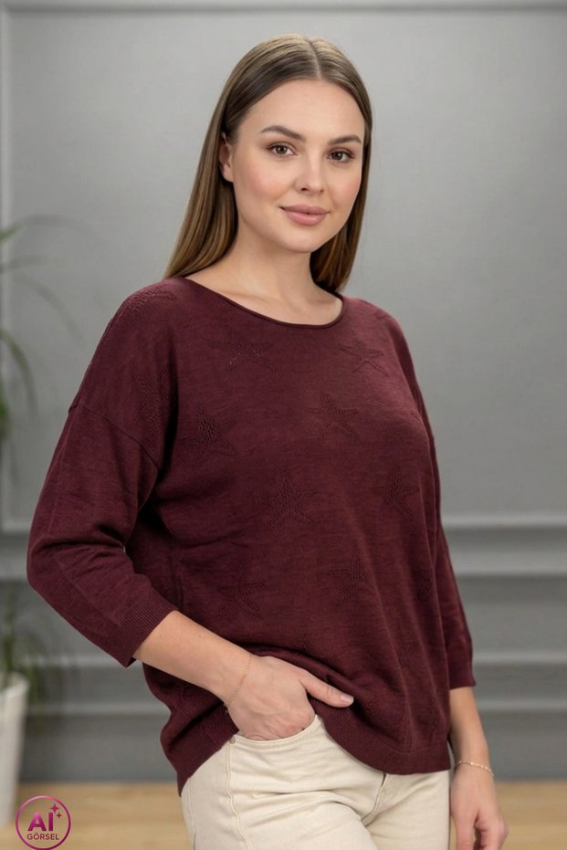 Women's Cherry Color Boat Neck Star Openwork Lycra 100% Cotton Yarn Thin Knitwear Blouse