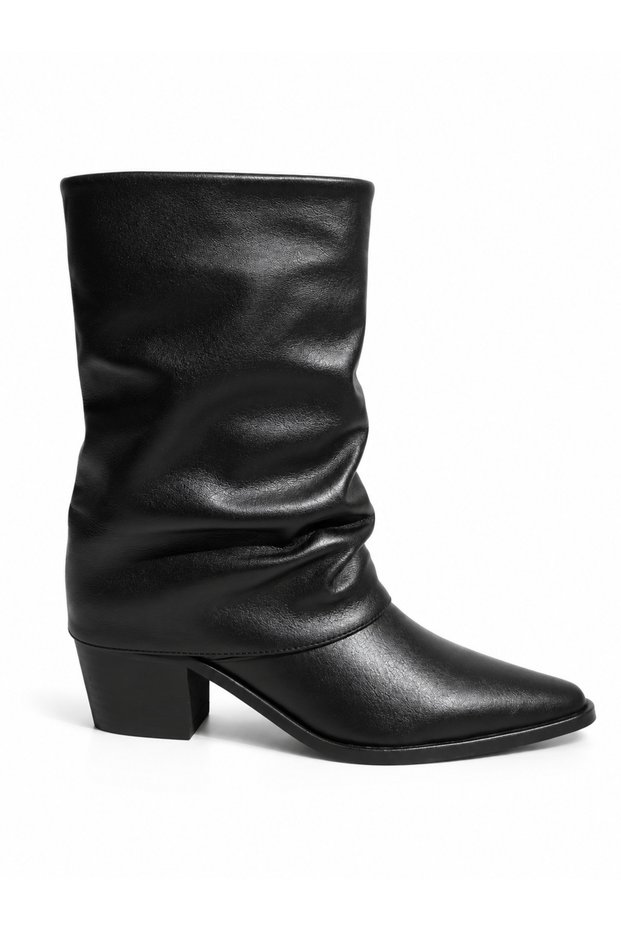 Valeris Black Genuine Leather Thick Heeled Drawstring Boots