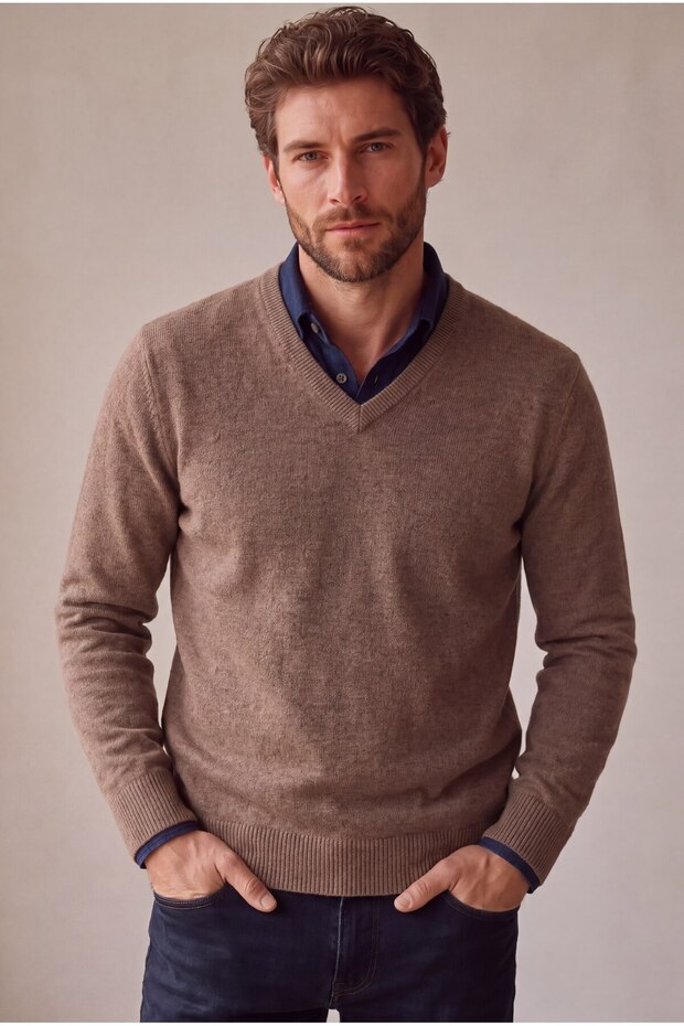 Classic Wool Blend V-Neck Men's Knitwear Sweater