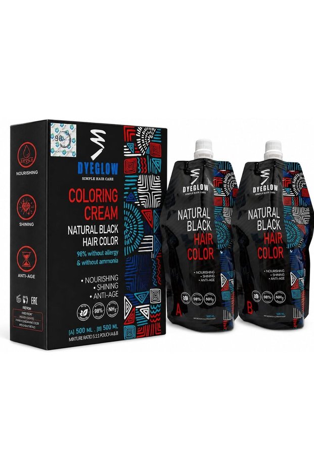 DyeGlow Hair Color Cream – Natural Black | Ammonia-Free & Non-Allergic Hair Dye | Nourishing & Anti-Aging Formula | 1000ml (500ml + 500ml)