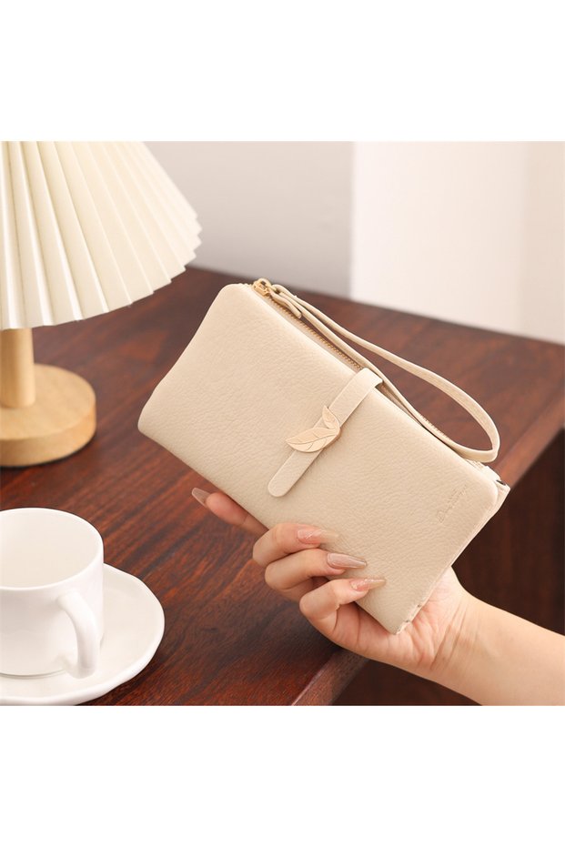 Stylish Women's Wallet - Long Wallet with Leaf Figured Clip and Hand Strap