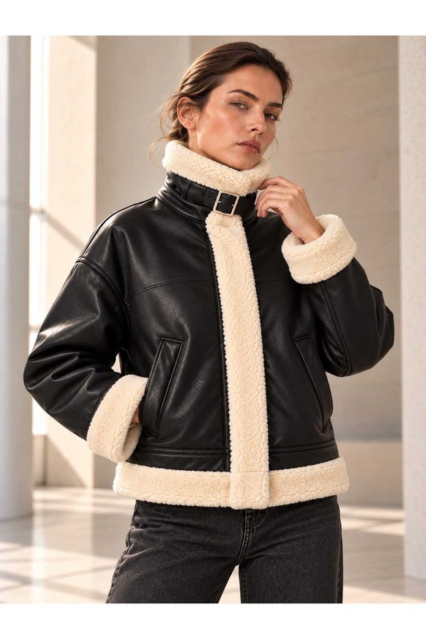 Women's Black Faux Leather Coat with Fur Inside Oversized Aviator Biker Jacket
