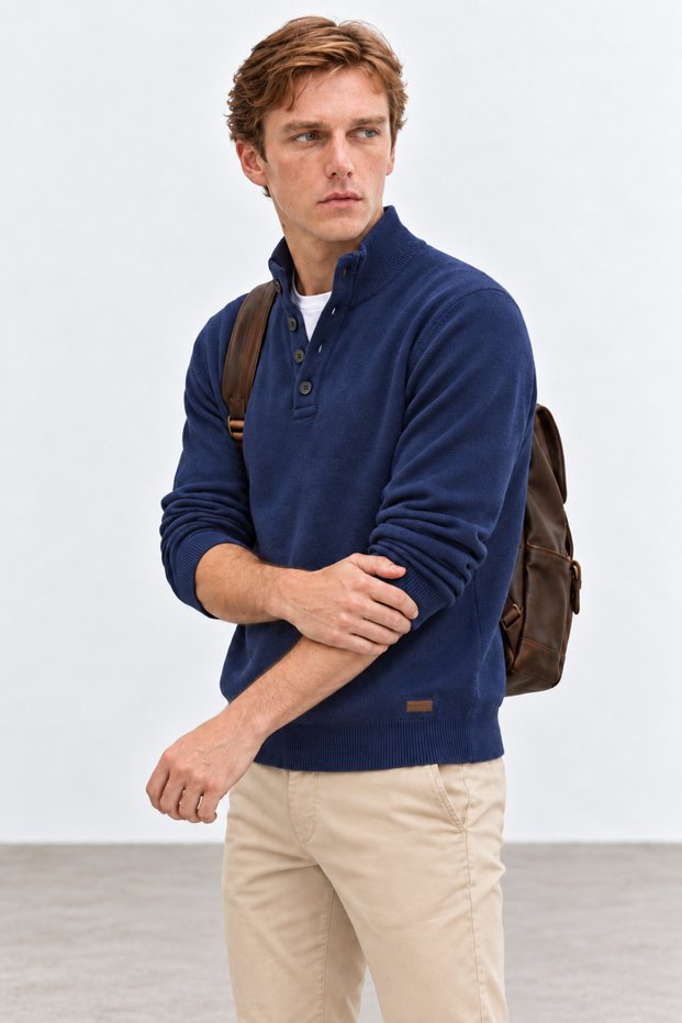 Stand Collar Buttoned Long Sleeve Men's Knit Sweater | Mew5111432-1