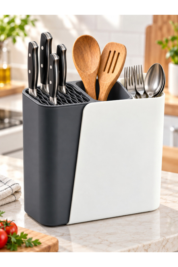 Countertop Cutlery and Kitchen Utensil Organizer with Pull-Out Side Compartments – Knife Spoon Fork Organizer