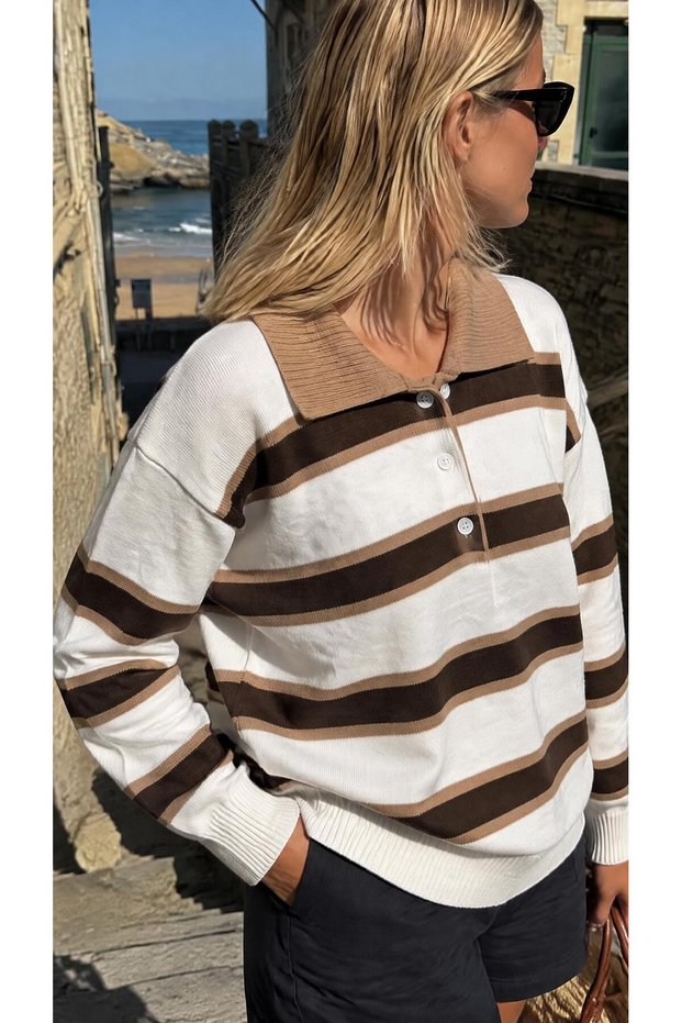 Women's Polo Collar Buttoned Striped Knitwear Sweater Oversized Striped Knitwear Blouse