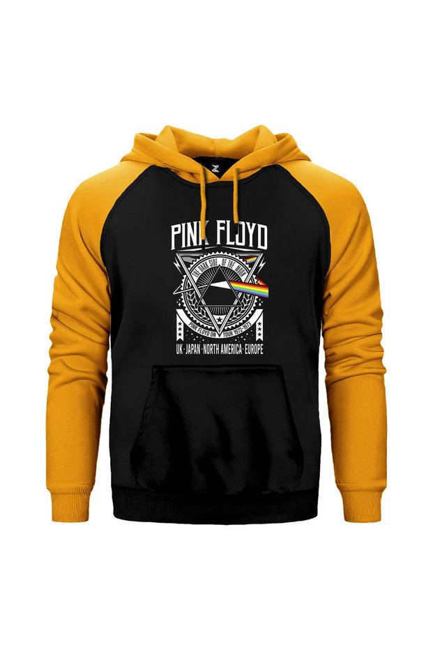 Pink Floyd Tour 1972 1973 Yellow Double Color Raglan Sleeve Hooded Sweatshirt