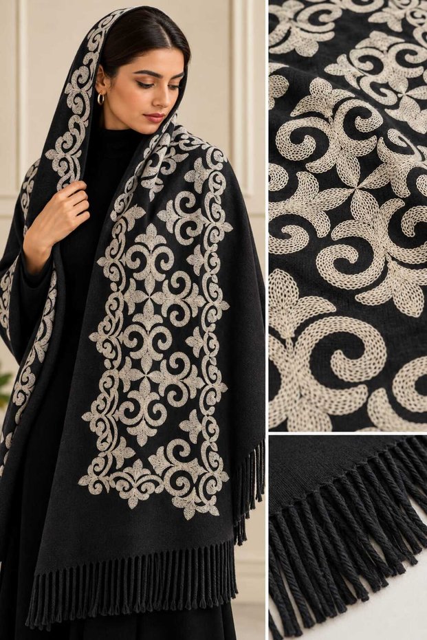 Baroque Patterned Embroidered Cashmere Wool Shoulder Shawl 70 X 200 Soft Texture Tassel Shawl