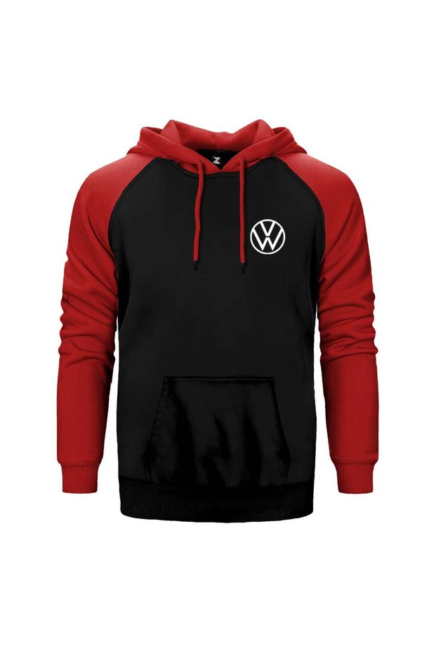 Volkswagen New Logo Red Double Color Raglan Sleeve Hooded Sweatshirt