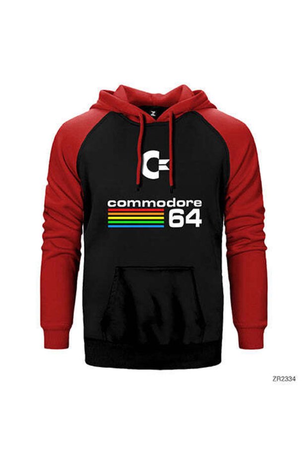 Commodore 64 Vintage Logo Red Double Color Raglan Sleeve Hooded Sweatshirt