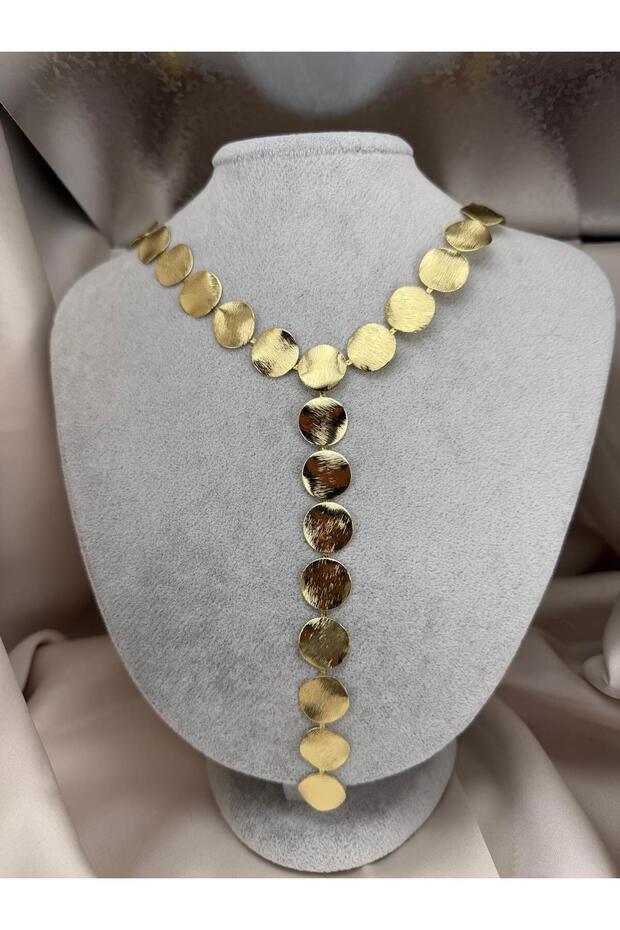 Gold Color Round Plate Detailed Y Model Dangle Chain Necklace Modern Design Stylish Women's Necklace