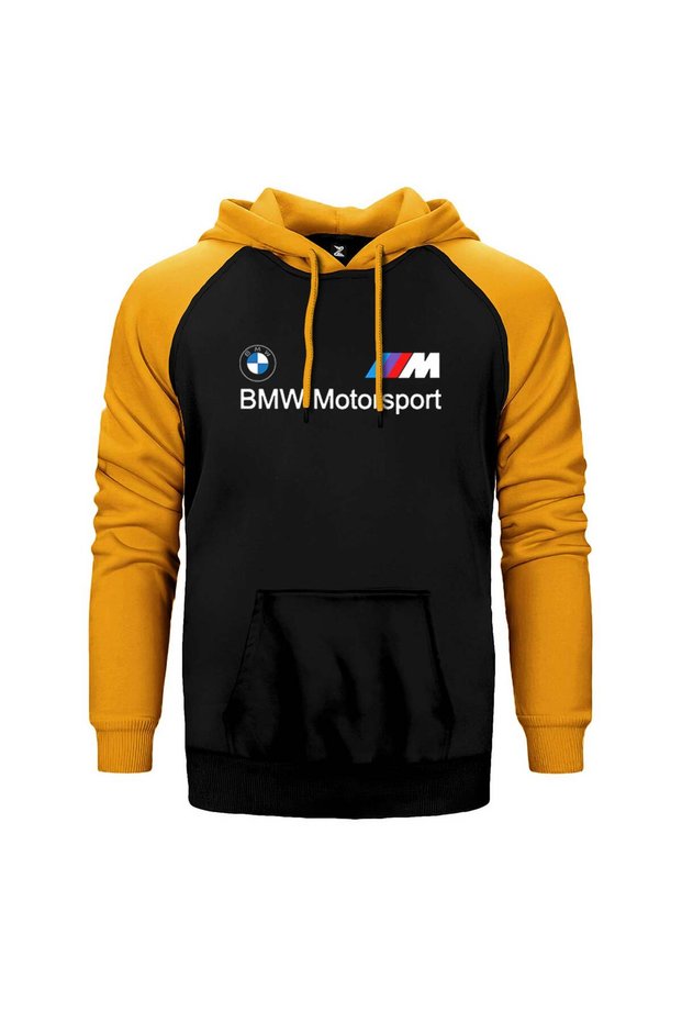 Bmw Logo m Power Motorsport Yellow Double Color Raglan Sleeve Hooded Sweatshirt