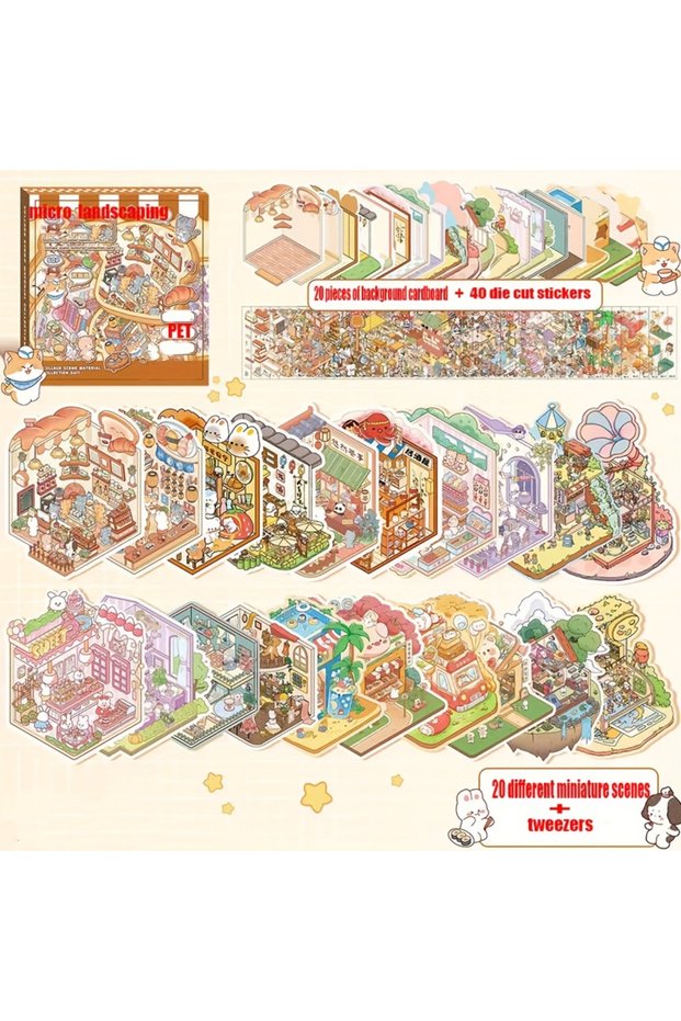 brown The 61-Piece Set Includes 20 Scene Cards, 40 stickers, and 1 Pair of Tweezers. It Features 3D