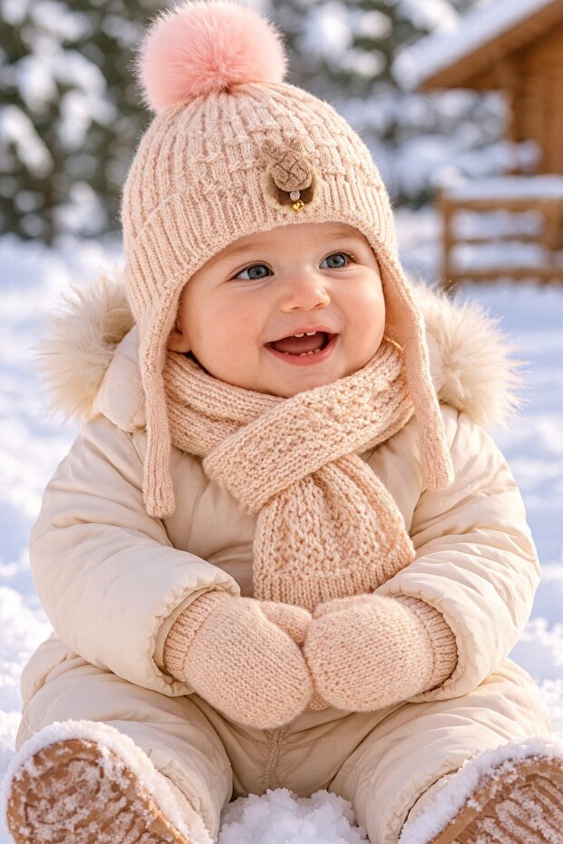 Ki̇tti̇ 26150-01 0-18 Months Baby Girl Scarf, Beanie, Gloves Set