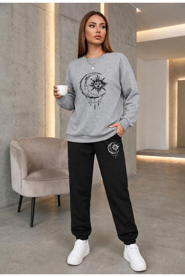 Zero Collar Sweat Suit 2-Piece Combination with Pullover and Pants, Unisex, Moon and Sun Printed
