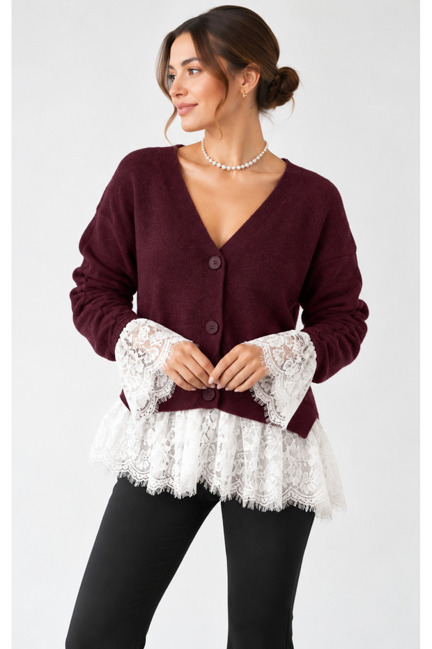 Women's Skirt with Lace Sleeves Wool Knitwear Cardigan