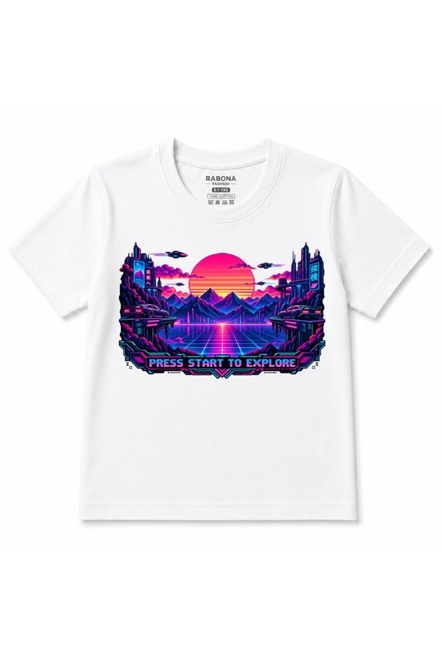 Press Start to Explore Cyberpunk Neon Sunset Retro Gaming Kids Graphic T-Shirt