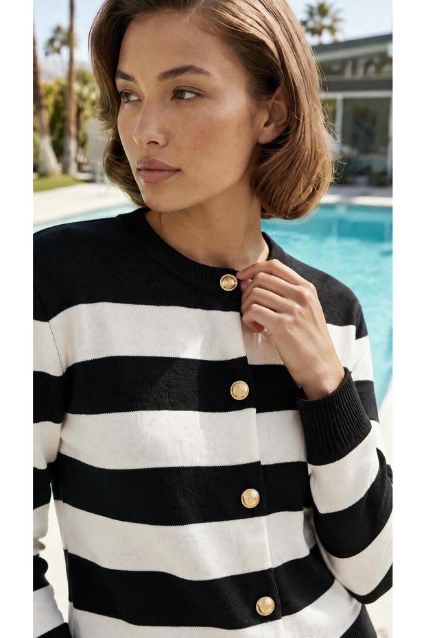 Women's Black and White Striped Gold Buttoned Knitwear Cardigan Crew Neck Knitwear Blouse