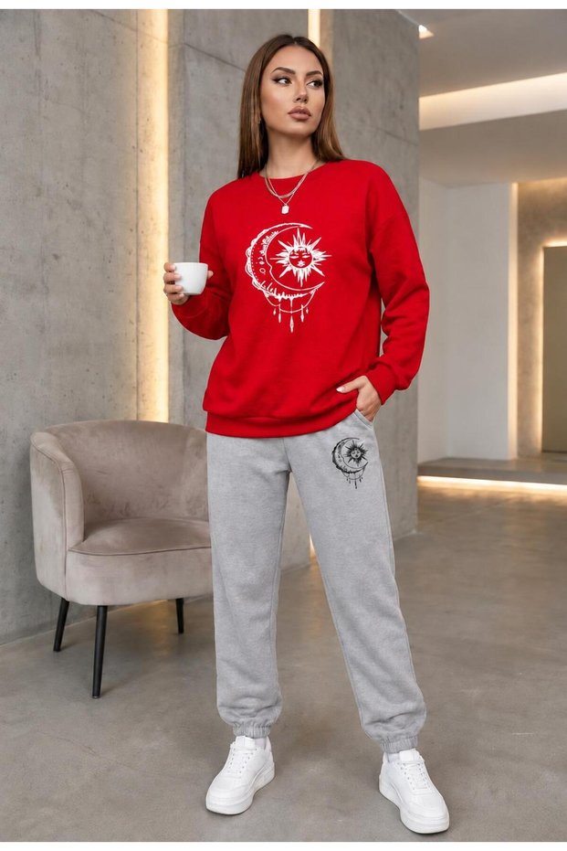 Zero Collar Sweat Suit 2-Piece Combination with Pullover and Pants, Unisex, Moon and Sun Printed