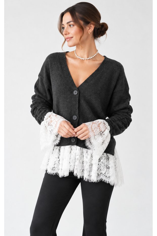 Women's Skirt with Lace Sleeves Wool Knitwear Cardigan