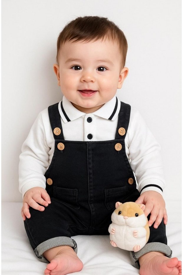 Polo Collar Combed Cotton Lycra Denim Salopet Baby Boy Set