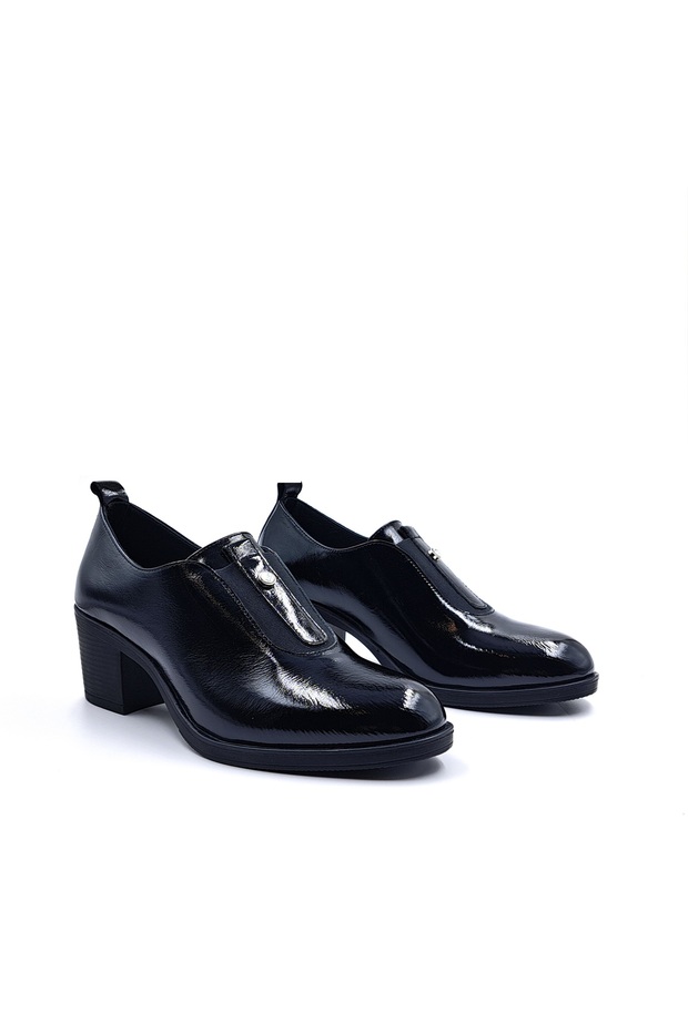 Genuine Soft Patent Leather 5 cm High Thick Heeled Black Elastic Women's Shoes