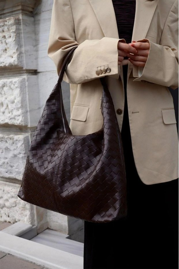 Women's Brown Knitted Patterned Large Faux Leather Women's Oversized Shoulder Bag