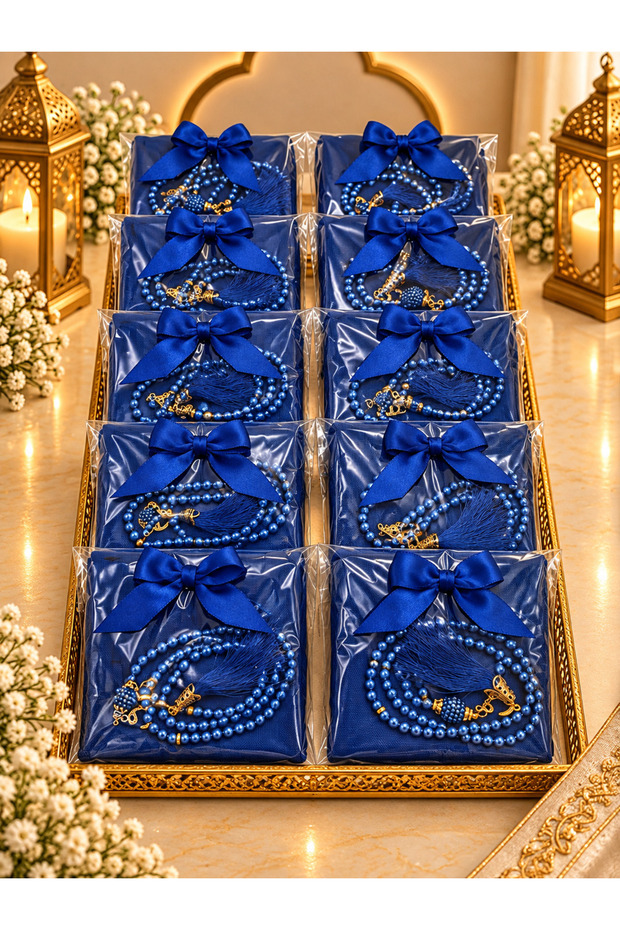 10 Pieces of Dark Blue Gelatin-Coated Shawl and Prayer Beads Set with Bow